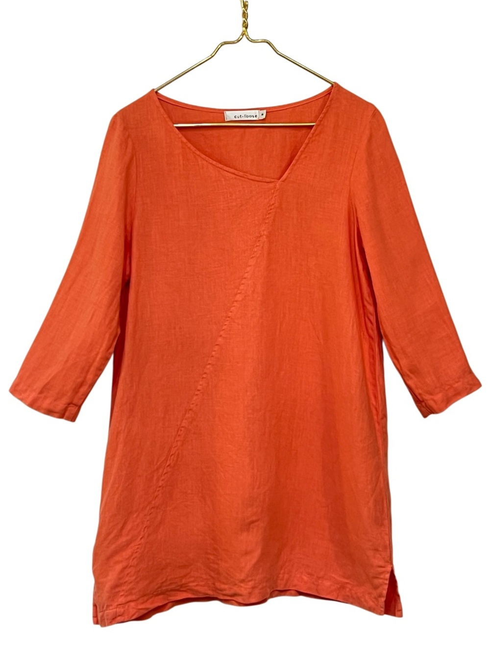 Cut Loose Linen Tunic Dress Asymmetrical V Neck Coral Orange Size M